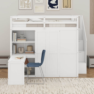Full Loft Bed With Wardrobe,Desk And Shelves