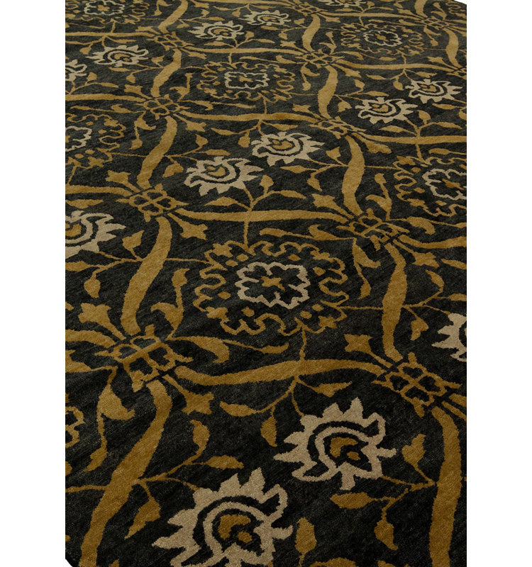 Tapis noir / doré en laine noué à la main Hessie, Rectangle 6 pi x 9 pi