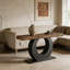 Console rustique industrielle pour canapé derrière, table d'entrée de ferme avec base en cercle noir et plateau en grain de bois, table de couloir longue et étroite pour la décoration du salon