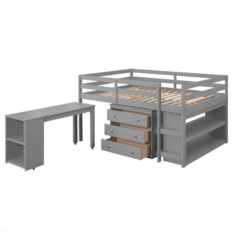 Lit mezzanine double bas avec cabinet, tablettes et bureau portatif à roulettes, lit multifonctionnel, Gris
