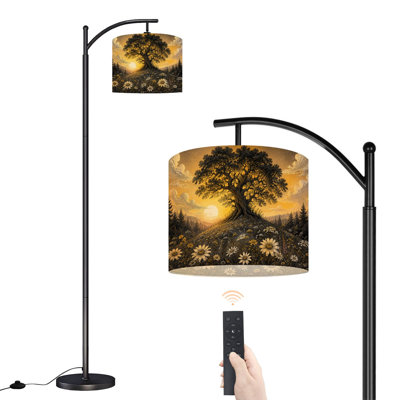 Lampadaire arqué rétro style café/pâtisserie, aux tons chauds et géométriques, 159 cm de haut, lampe sur pied moderne, abat-jour tambour en lin DEL, 3 températures de couleur, télécommande et interrupteur au pied, idéal pour le salon, la chambre ou un coin lecture.