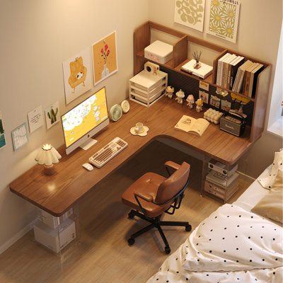 Bureau d'écriture en L en bois massif brun noisette
