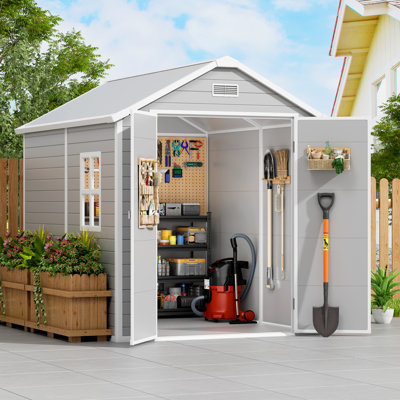 6x8 Ft Resin Outdoor Storage Shed With Floor, Plastic Garden Storage Shed With Lockable Door & Vent, All Weather Versatile Tool Shed For Backyard, Patio, Lawn