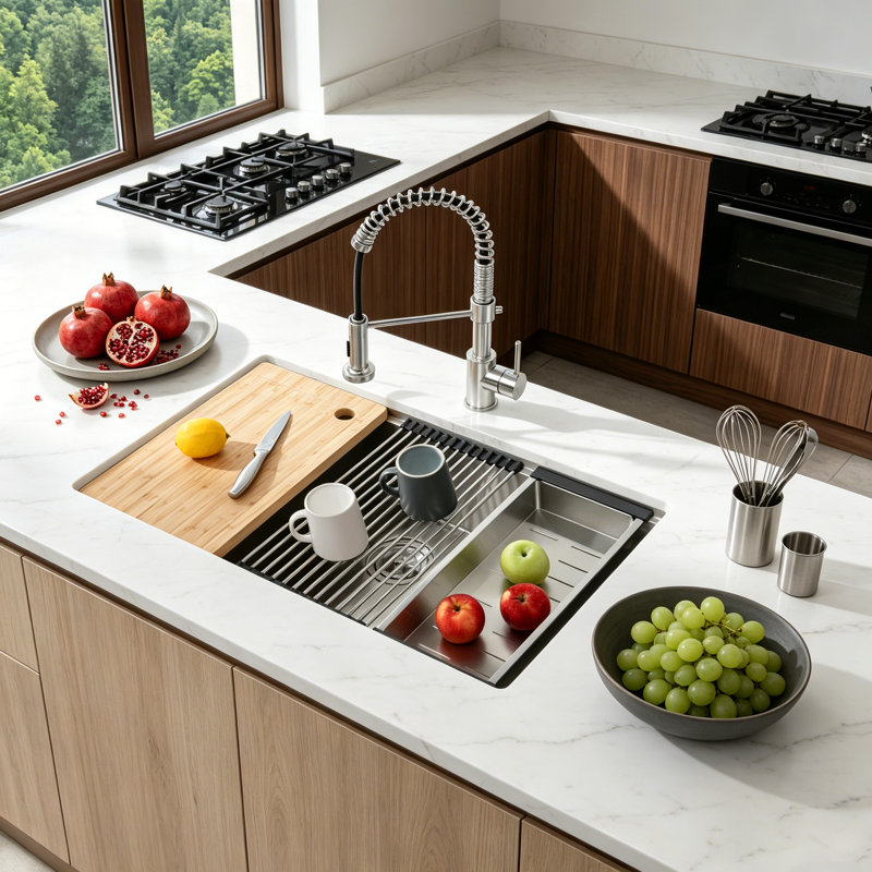 Évier de cuisine encastré en acier inoxydable avec station de travail encastrable avec accessoires, Nickel brossé, 33*19