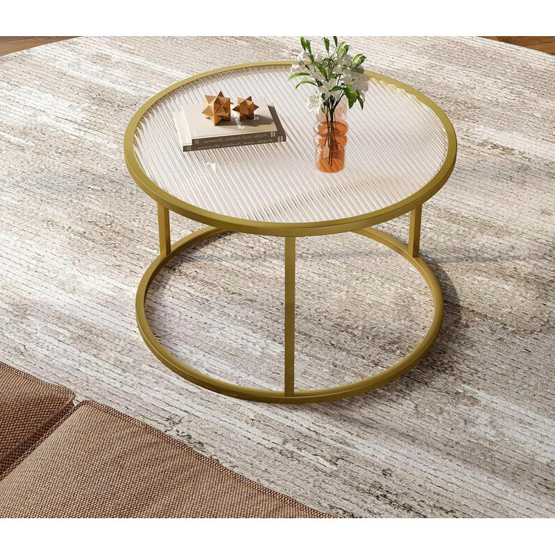 Round Gold Glass Coffee Table with Metal Frame