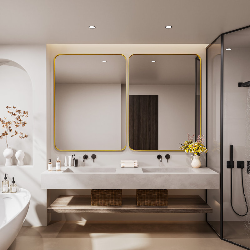 Cozy Design Tempered Glass Framed Wall-Mounted Bathroom Vanity Mirror, 36" x 48", Gold, Rectangle