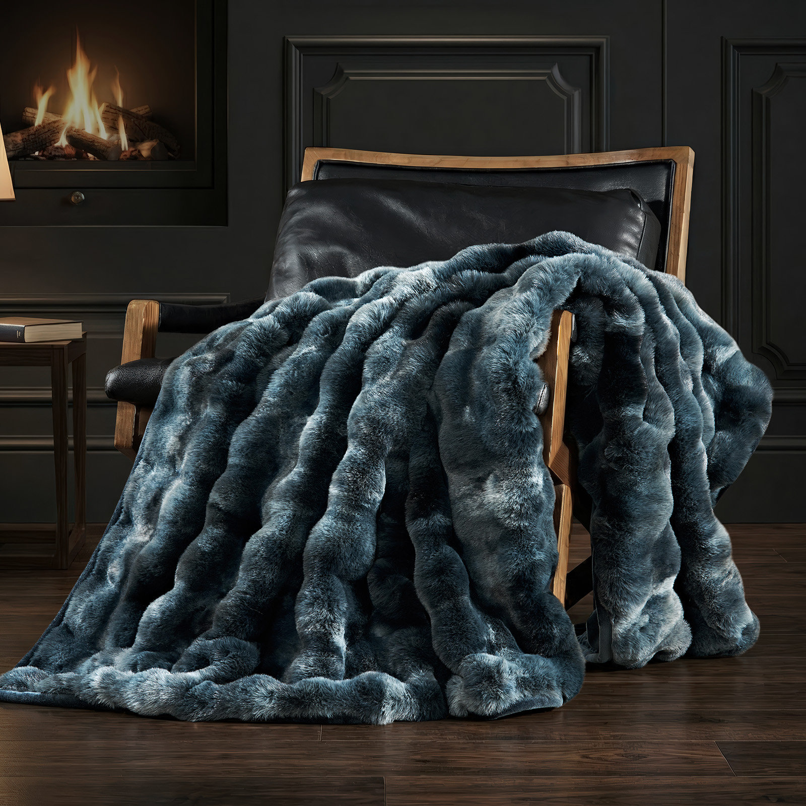 Faux Fur Weighted Throw Blanket, 60" L x 50" W, Deep Indigo Marble
