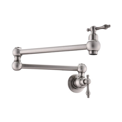 Wall Mount Folding Kitchen Pot Filler Faucet In Brushed Nickel, 360 Rotatable, Double Handles For Stable Water Discharge, Coating Flow,