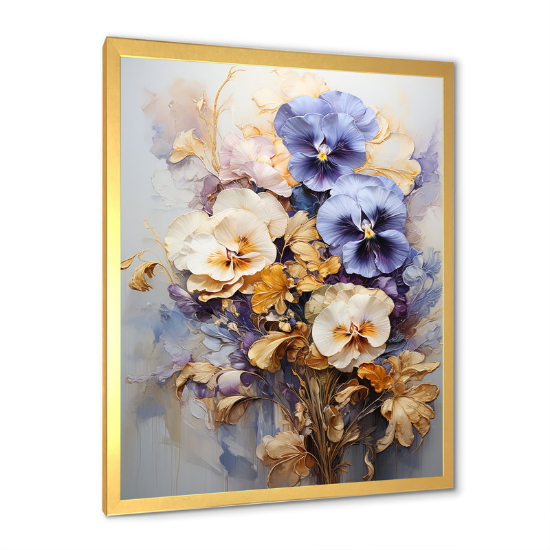 Bouquet de pensées dorées élégance, Cadre doré simple, H 32 po x l 16 po x P 1 po