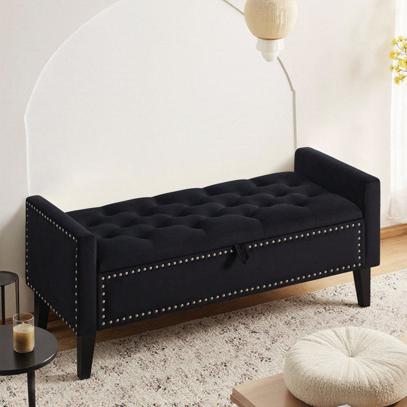 47" W Velvet Upholstered Flip Top Storage Bench, Black