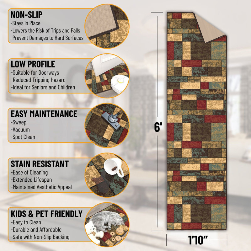 Ottohome Non-Slip Boxes Area Rug For Living Room, Hallway, Entryway Rug, Runner 1'10" x 6'