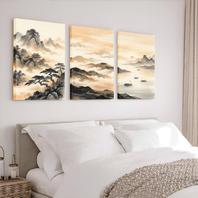 Ensemble de 3 tableaux sur toile représentant des paysages chinois, parfaits pour décorer un salon ou une chambre.