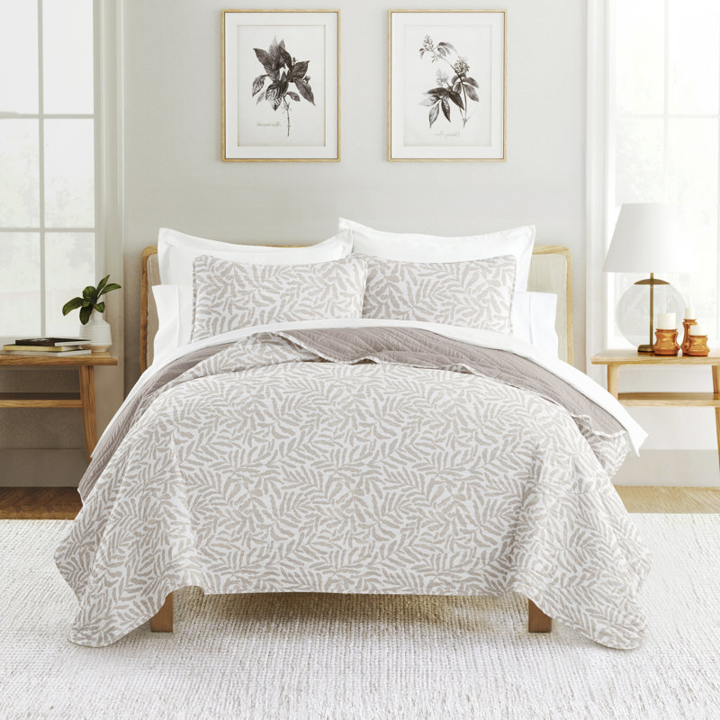 Quilt Set- Lightweight - All Season Quilted Coverlet - Tossed Ferns, Taupe, King Quilt + 2 King Shams 