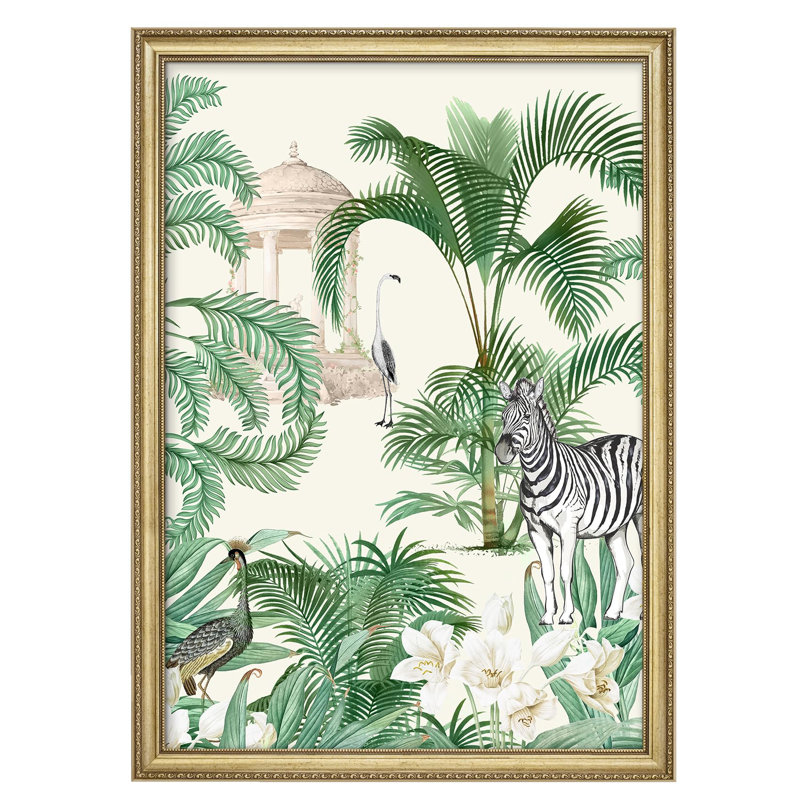 "Zèbre de jungle tropicale luxuriante et oiseaux parmi des feuilles de palmier et des fleurs, décoration murale encadrée dorée"