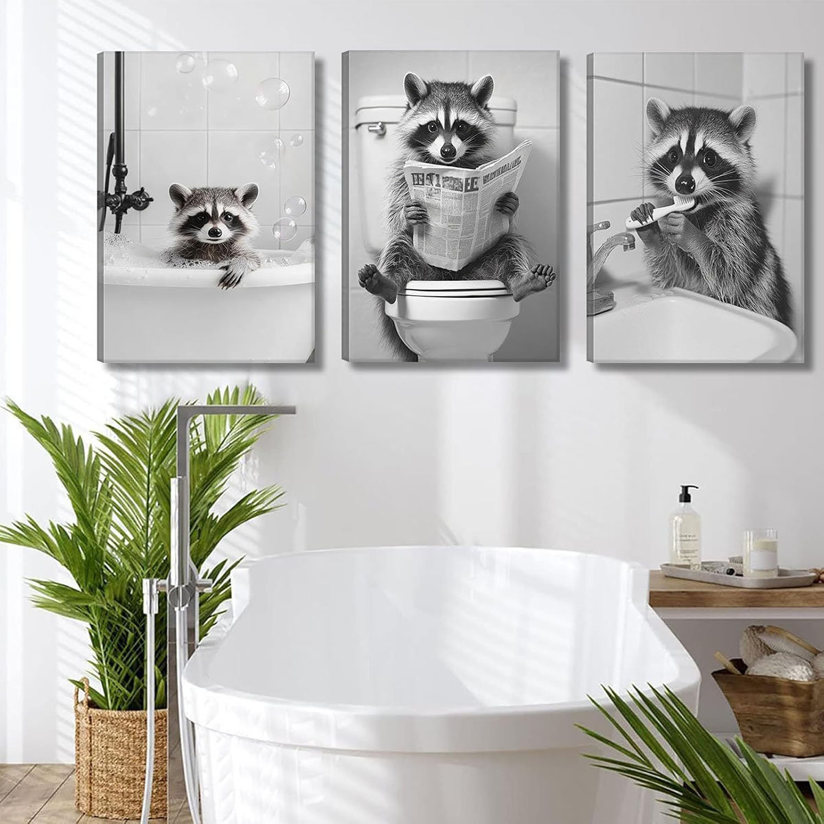 Gracie Oaks Funny Raccoon Bathroom Canvas Wall Art Set Of 3 Black Cute ...
