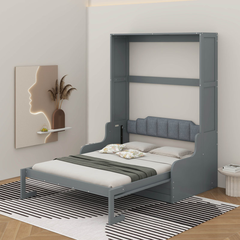 Grand lit escamotable mural avec coussin, Gris, Grand lit
