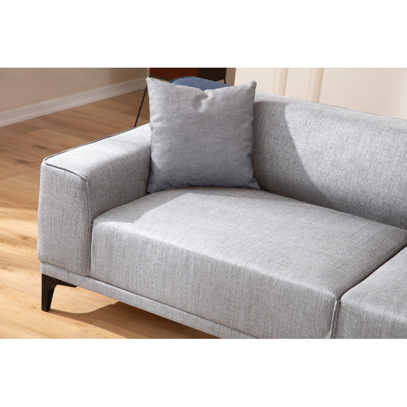 Élégant canapé 3 places, revêtement gris clair, 84,6 po x 34,3 po x 33,9 po | Structure en bois de hêtre et en carton, tissu 100% polyester | Coussins fixes confortables avec mousse et plumes, 2 coussins décoratifs inclus
