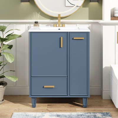 Meuble-lavabo 24 po avec lavabo, armoire de salle de bain avec tablette de porte, tiroir profond, panier coulissant à 2 niveaux, structure en bois massif et panneau de fibres à densité moyenne, un paquet, bleu gris