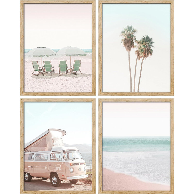 " Collage Print Gallery Set 1980s Retro Miami " 4 - Pieces, 16" H x 12" W x 1" D, Natural Framed