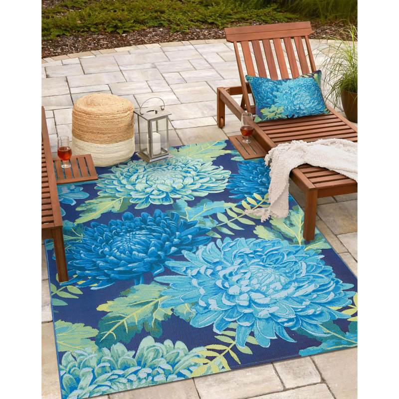 Blue and Green Floral Rectangular Indoor/Outdoor Pillow