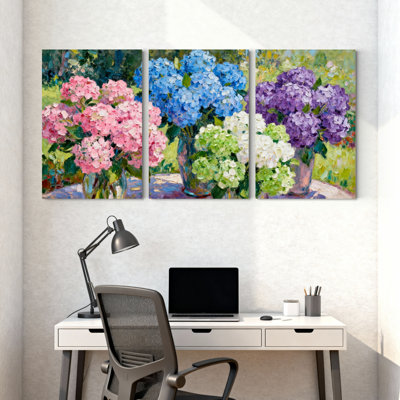 Ensemble de 3 tableaux sur toile représentant un bouquet d'hortensias, parfaits pour la décoration du salon, de la chambre ou de la maison.