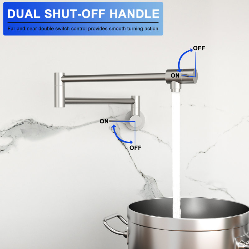 Brushed Nickel Wall Mounted Pot Filler, Single Hole Installation, Two Handles, 360 Swing Arm, Foldable Spout For Filling In Kitchen Mount Nickel, Swing, Design, Brass And Stainless Steel Stove