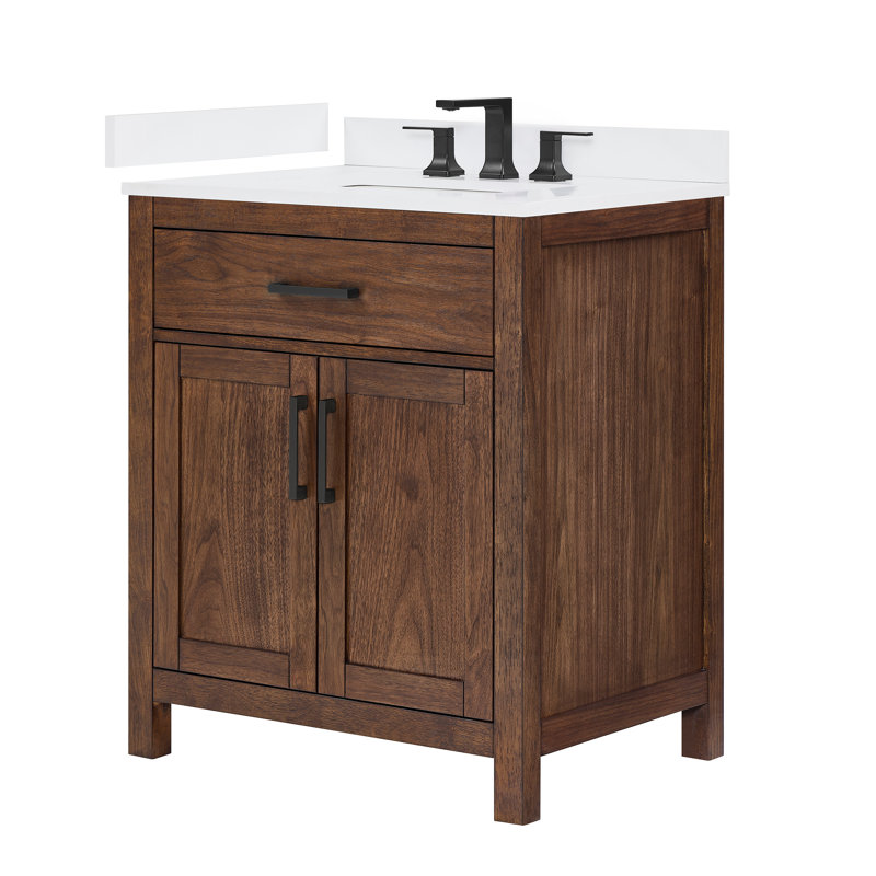 Beckett 30" Freestanding Single Bathroom Vanity with Quartz Top, White Quartz, Matte Black, Dark Walnut