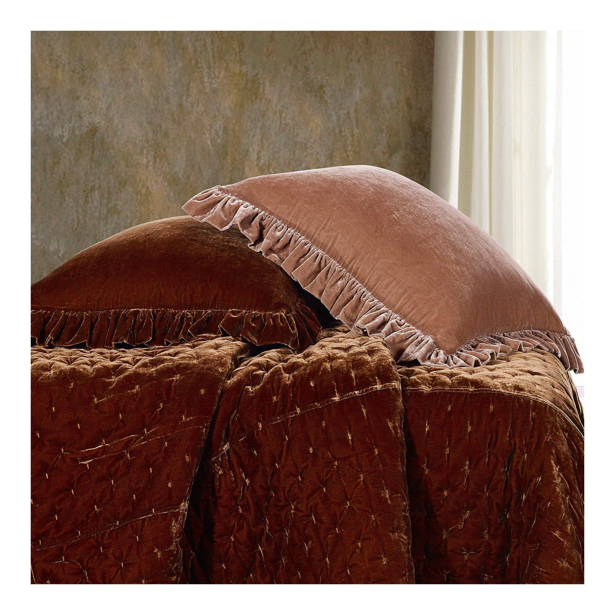 Stella Faux Silk Velvet Classic Chic Modern Rustic Ruffled Euro Sham, Copper Brown