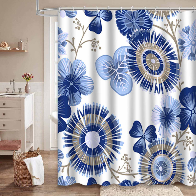 Rideau de douche blanc / bleu avec 12 crochets, L 72 po x l 78 po