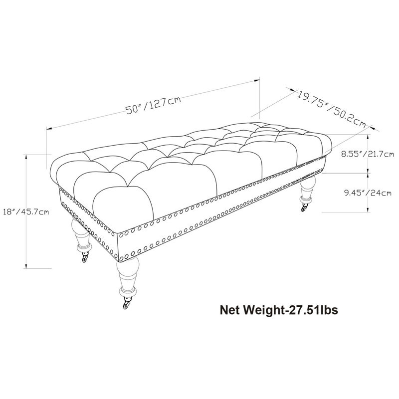 Henley 50"W Bonded Leather Traditional Tufted Ottoman Bench with Nail Head Trim and Carved Legs, Distressed Brown