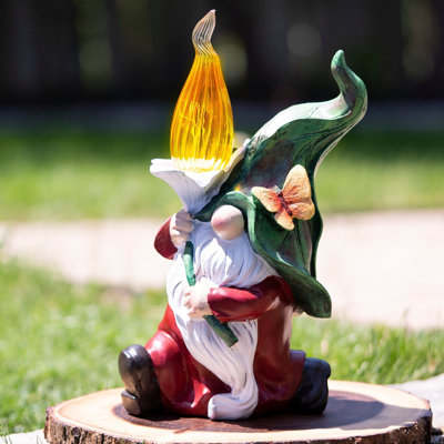 Gnome en polyrésine vert-rouge avec torche solaire à DEL