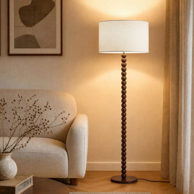 61" Mid‑Century Modern Walnut Rubberwood Floor Lamp with Sculptural Stacked Sphere Base and Cream Linen Drum Shade, cULus Certified for Living Room, Bedroom, Home Office or Study Room