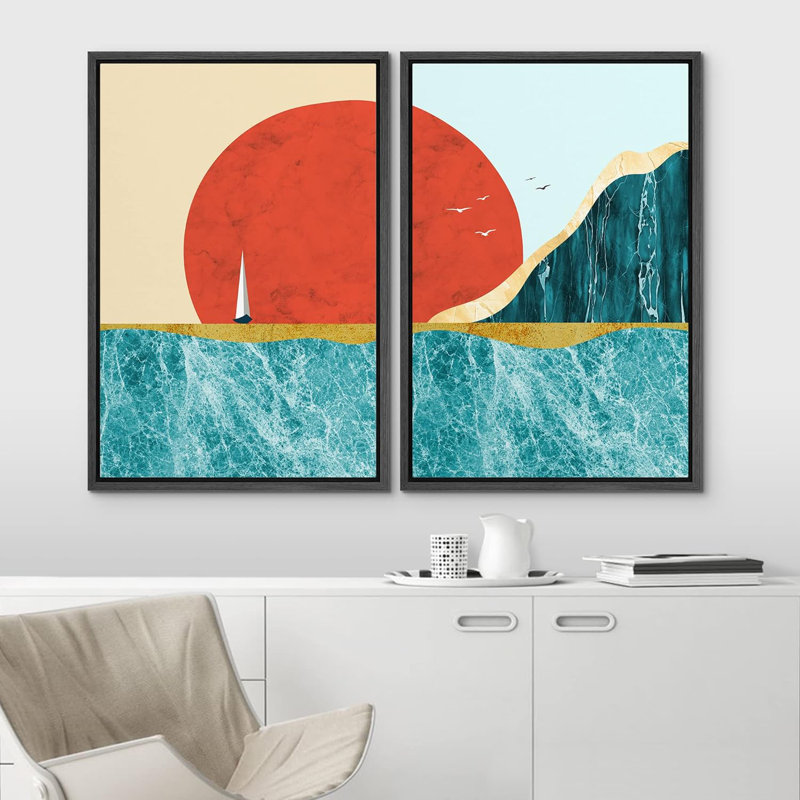 Soleil et lune, soleil géométrique, granit, océan, montagne, nature, abstrait, illustrations, néon moderne, Noir