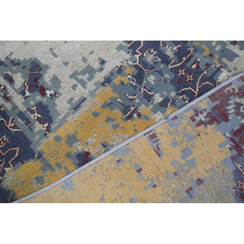 Kendale Abstract Area Rug in Dark Blue/Yellow/Brown, Rectangle 9' x 11'9"