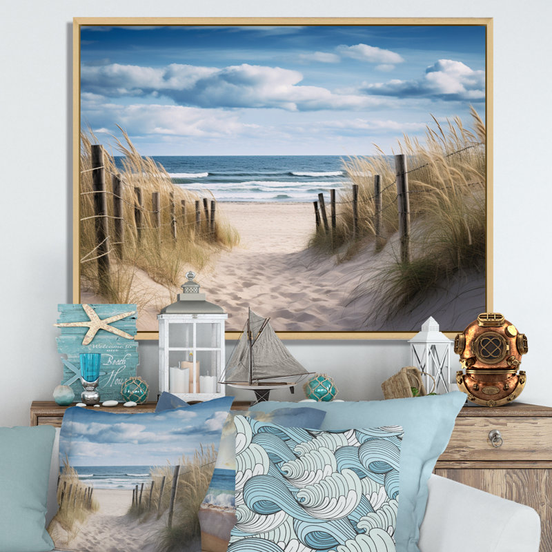 «Tranquility Path To Dune Beach I - Coastal Beach Sand», reproduction sur toile encadrée, H 24 po x l 32 po, Blanc