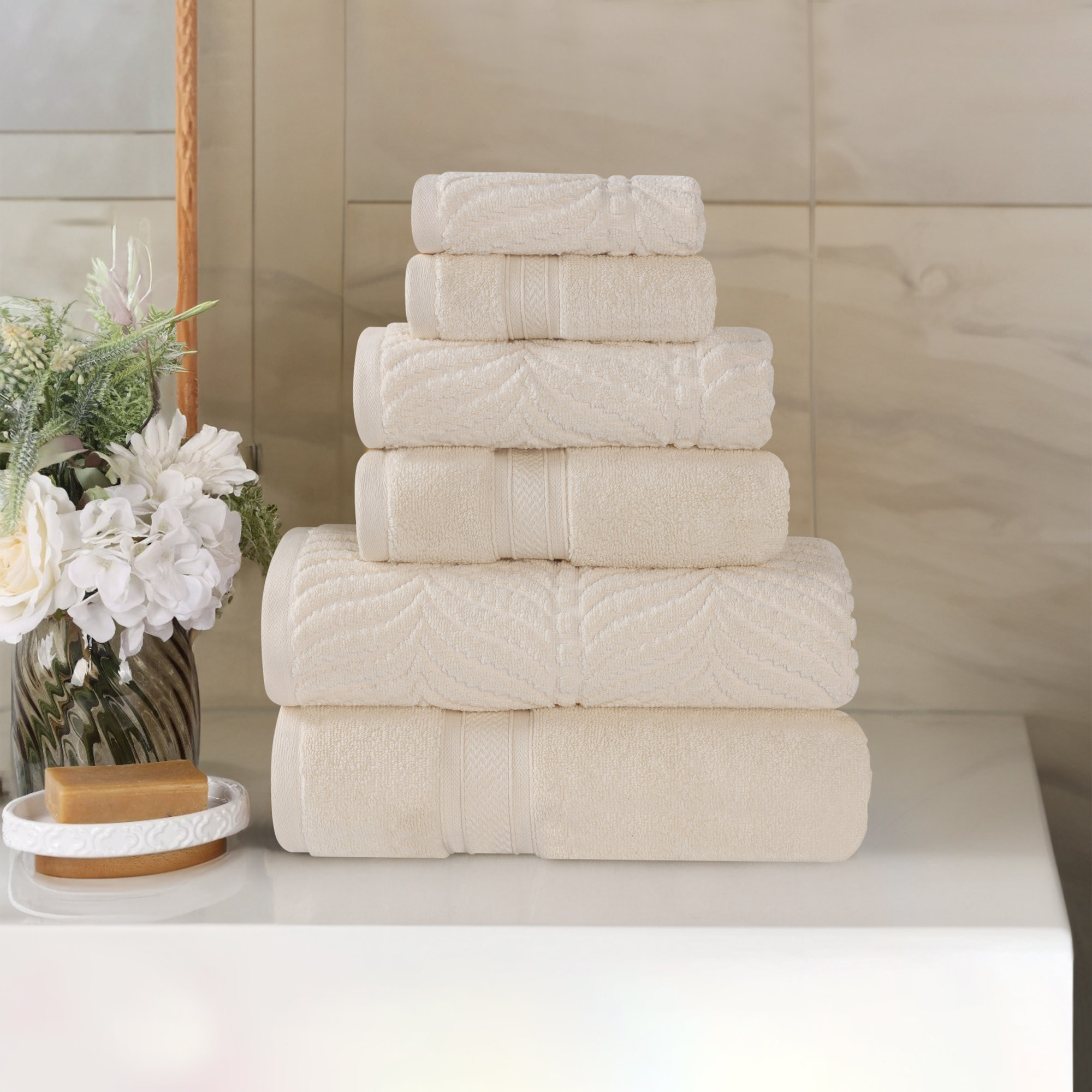 Amaretto Chevron Zero Twist Solid and Jacquard Cotton 6 Piece Bathroom Towel Set, Ivory