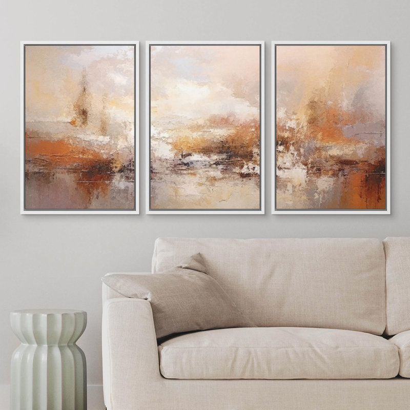 3 pièces modernes et vibrantes à motif abstrait rouge et orange, H 24 po x l 48 po x P 1,5 po, Cadre flottant blanc