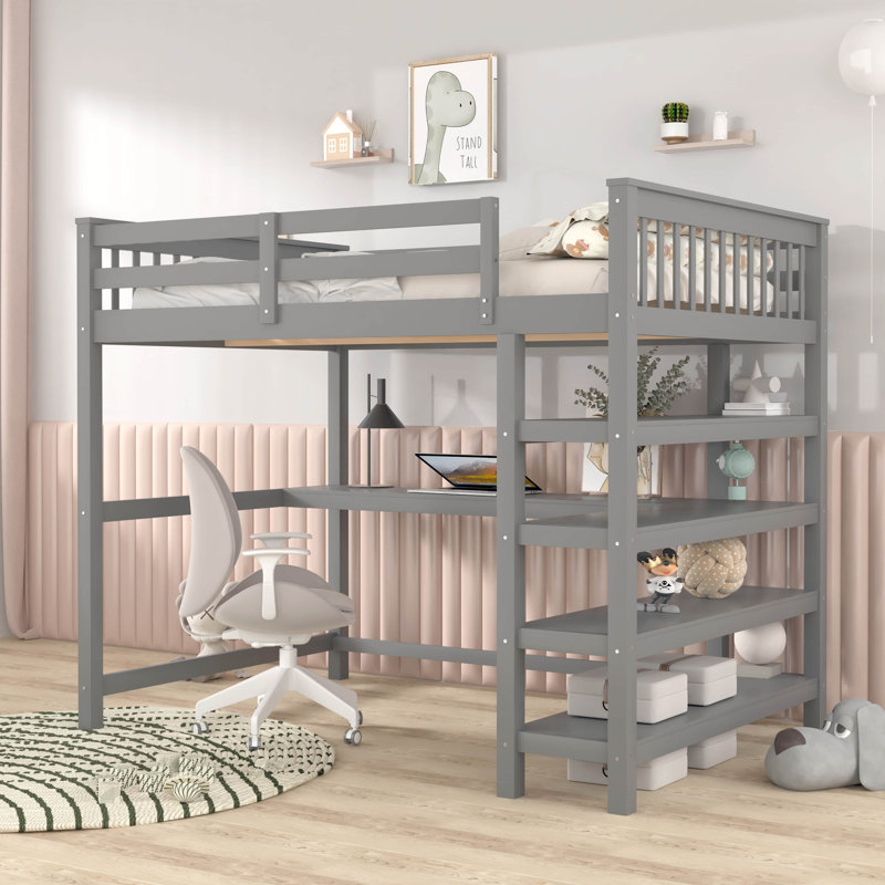 Fadia Full Solid Wood Loft Bed with Bookcase by Harriet Bee, Gray