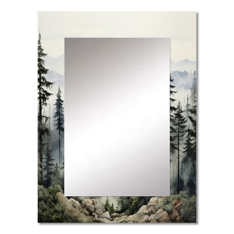 Pine Tree Misty Mountain I - Large Wall Mirror On Metal, 32" x 24"