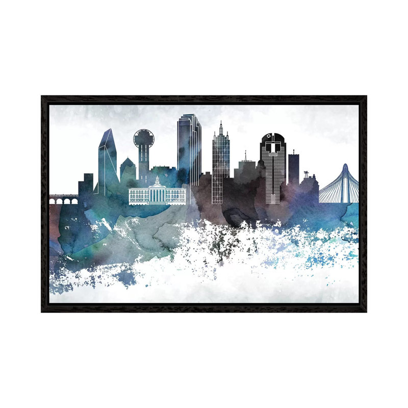 Dallas Bluish Skylines - Print on Canvas, 101.6cm H x 152.4cm W x 3.81cm D, Black Framed