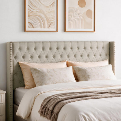 Tufted Wingback Upholstered Headboard with Nailhead Trim