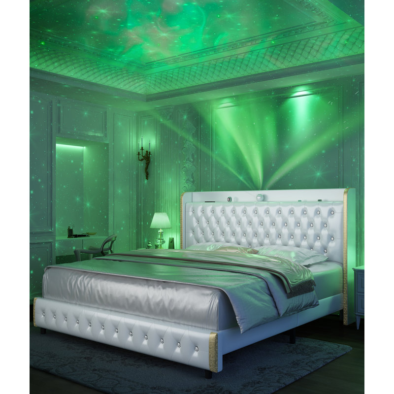 Modern Wingback Upholstered Platform Bed Frame With Galaxy Projector & USB Charging Port, LED Bed Frame With Adjustable Headboard, Easy Assembly, Heavy-Duty Steel Slat Support, No Box Spring Needed, Keyt
