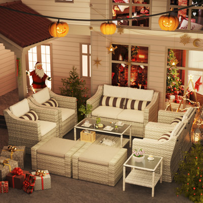 Outdoor Patio Furniture Set, 9 Piece Rattan Patio Furniture Set Lounge Chairs With Ottomans, Coffee Table, Plush Cushions