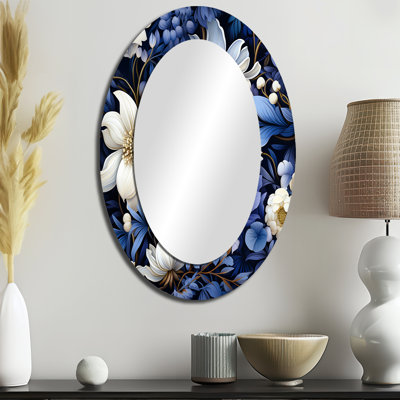 Fleurs indigo foncé au clair de lune - Miroir décoratif floral ovale sur métal