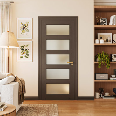Panneau de porte de grange en bois manufacturé à finition française avec verre franc givré 5 pièces noir sans trousse 28 "x 80"