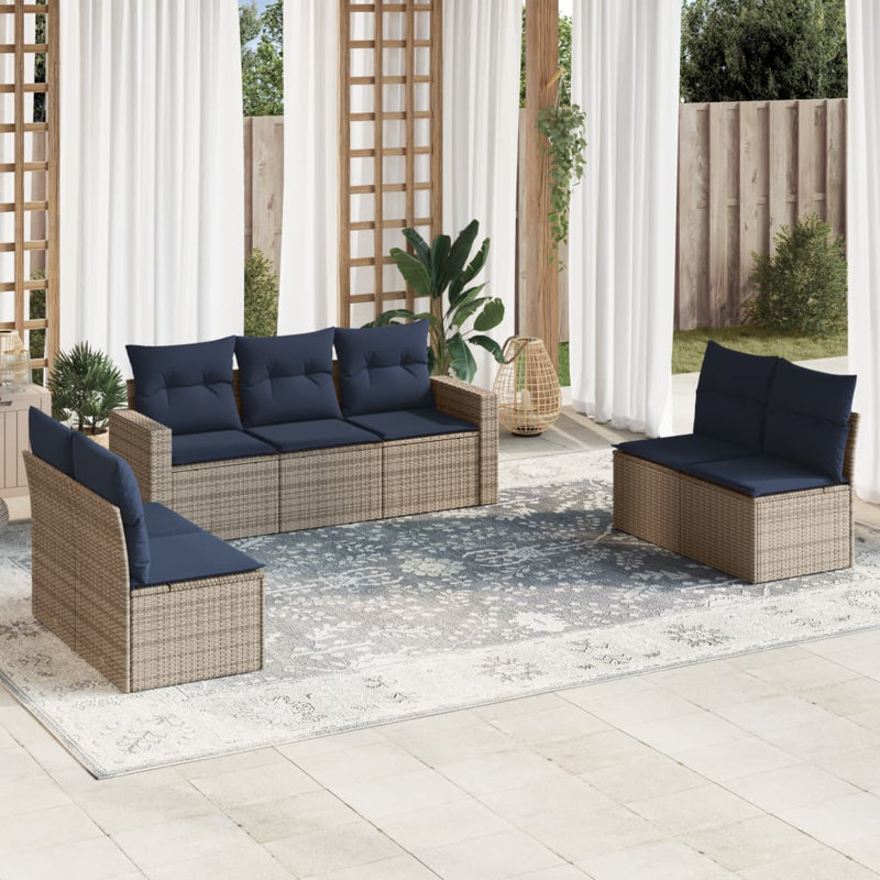 Ensemble de canapé de patio 7 pièces avec coussins pour l'extérieur, Marine, Gris