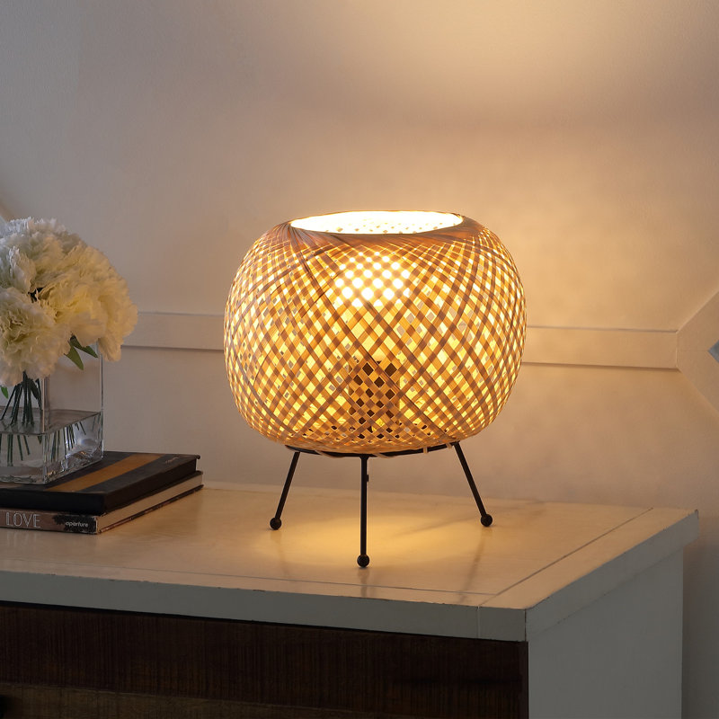 Mini lampe de table DEL en fer / rotin bohémien 10,75 po avec ampoule intelligente, brun / brun