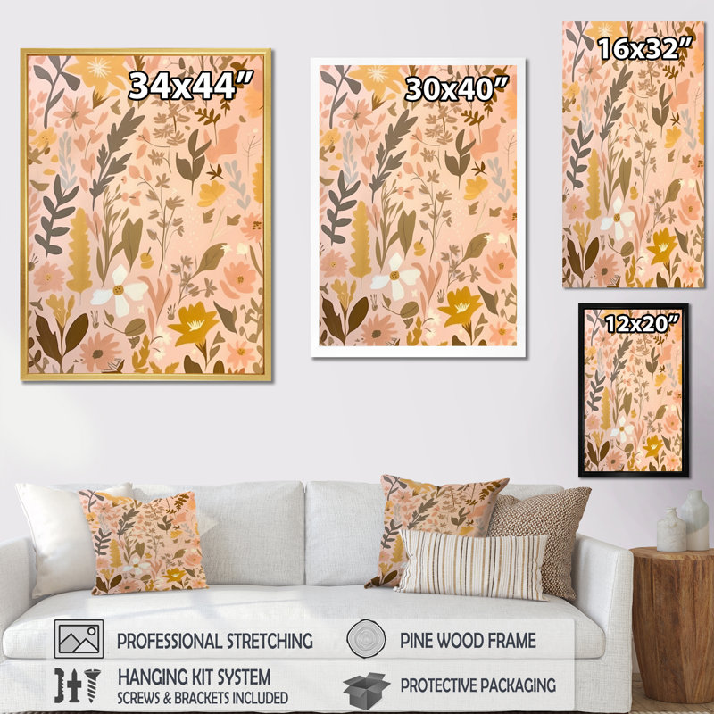 Graphique fleurs sauvages rétro rose pastel, H 44 po x l 34 po x P 1,5 po, Cadre doré à une seule photo