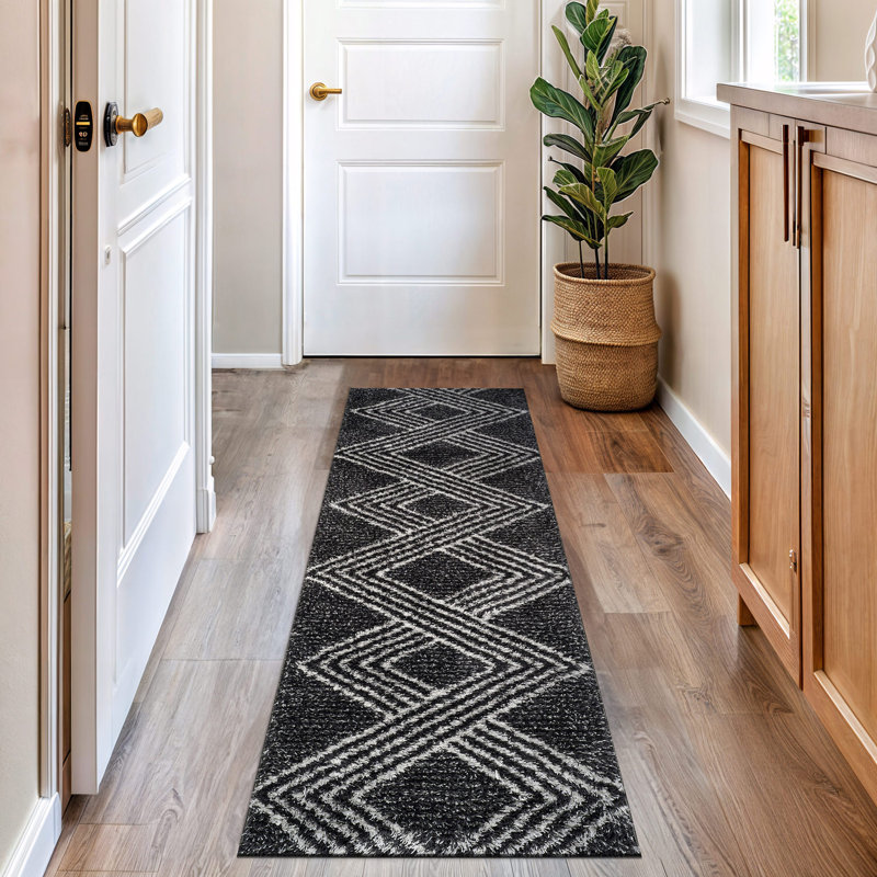 Abstract Geometric Pattern Shag Rug – Anthracite Dark Gray – Medium Pile, Durable & Stylish, Runner 2'2" x 8'