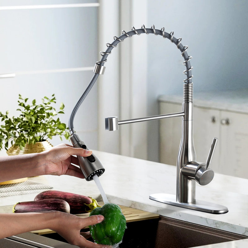 Single Handle Pull-Down Spring Neck Sprayer Kitchen Faucet with Deck Plate, Brushed Nickel